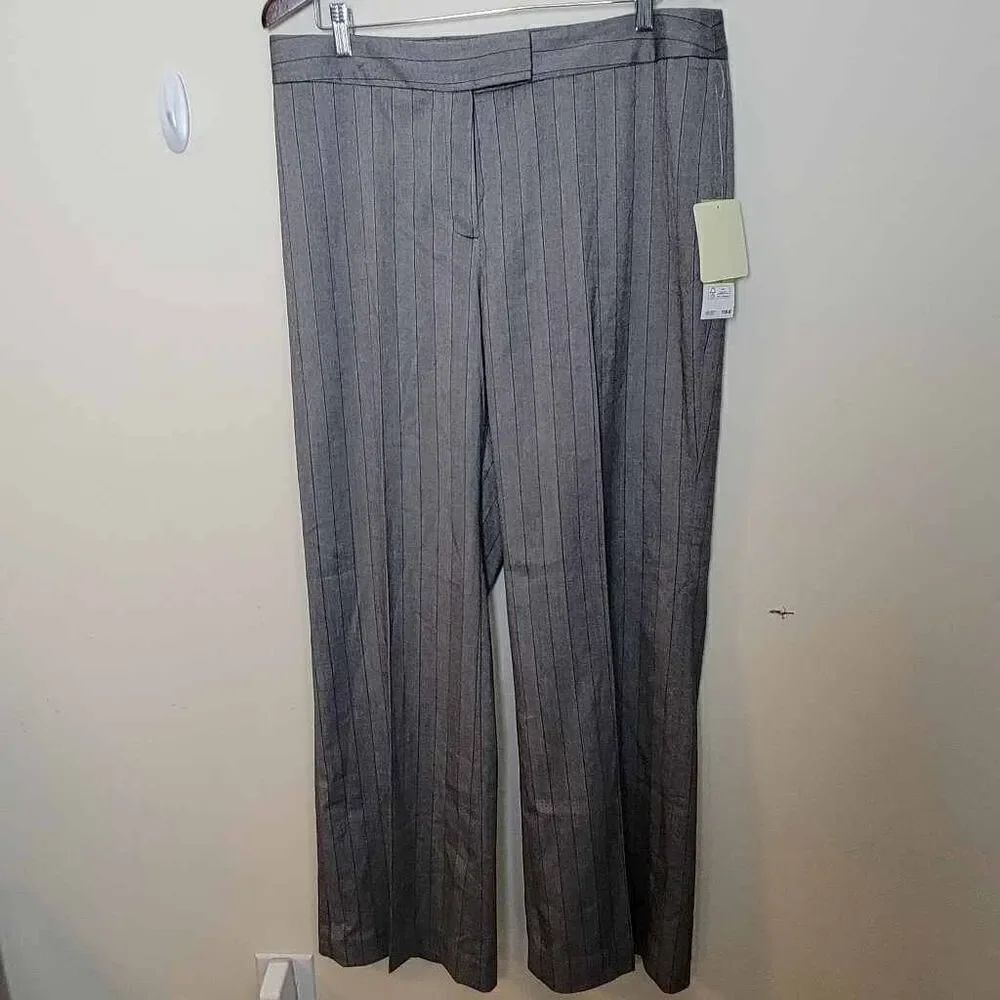 Anne Klein Stretch Career Wide Leg Pants Trousers Grey Pinstripes 14